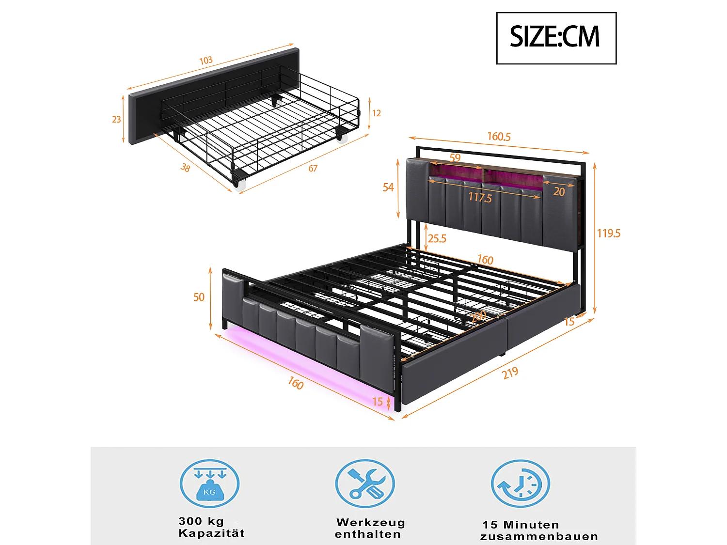 lit adulte 160x200 cm - avec tête de lit avec rangement, USB, LED, 4 tiroirs, sommier à lattes - en cuir synthétique - gris - sans matelas
