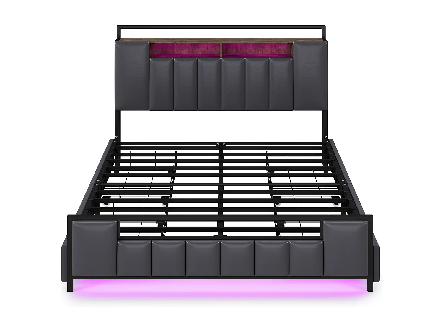 lit adulte 160x200 cm - avec tête de lit avec rangement, USB, LED, 4 tiroirs, sommier à lattes - en cuir synthétique - gris - sans matelas