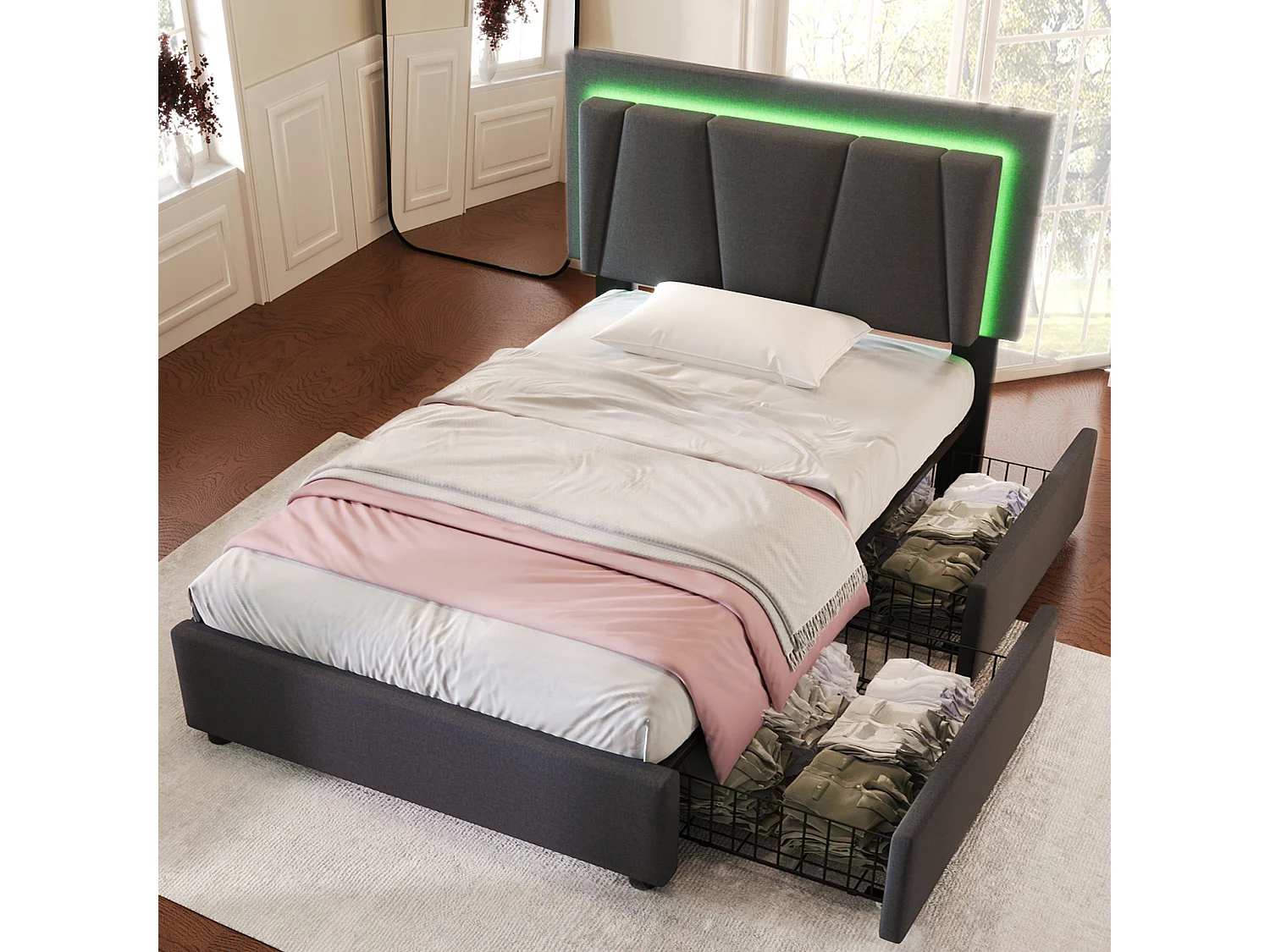 Łóżko dziecięce 90x200 cm – z zagłówkiem, 2 szufladami, oświetleniem LED, stelażem – szary len – materac w cenie