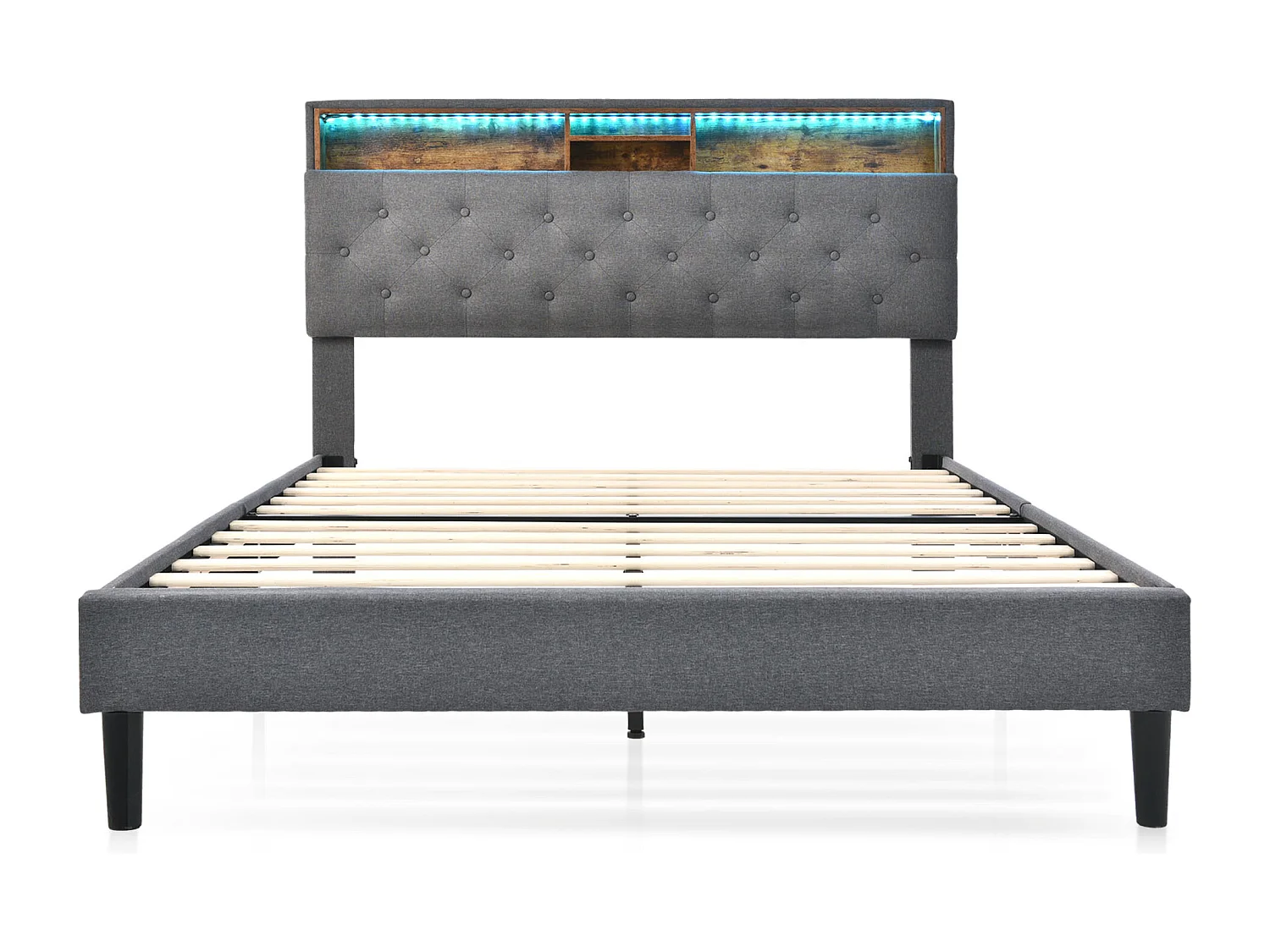 Volwassen bed 140 x 200 cm - Hoofdbord met opbergruimte en ledverlichting - linnengrijs - inclusief matras