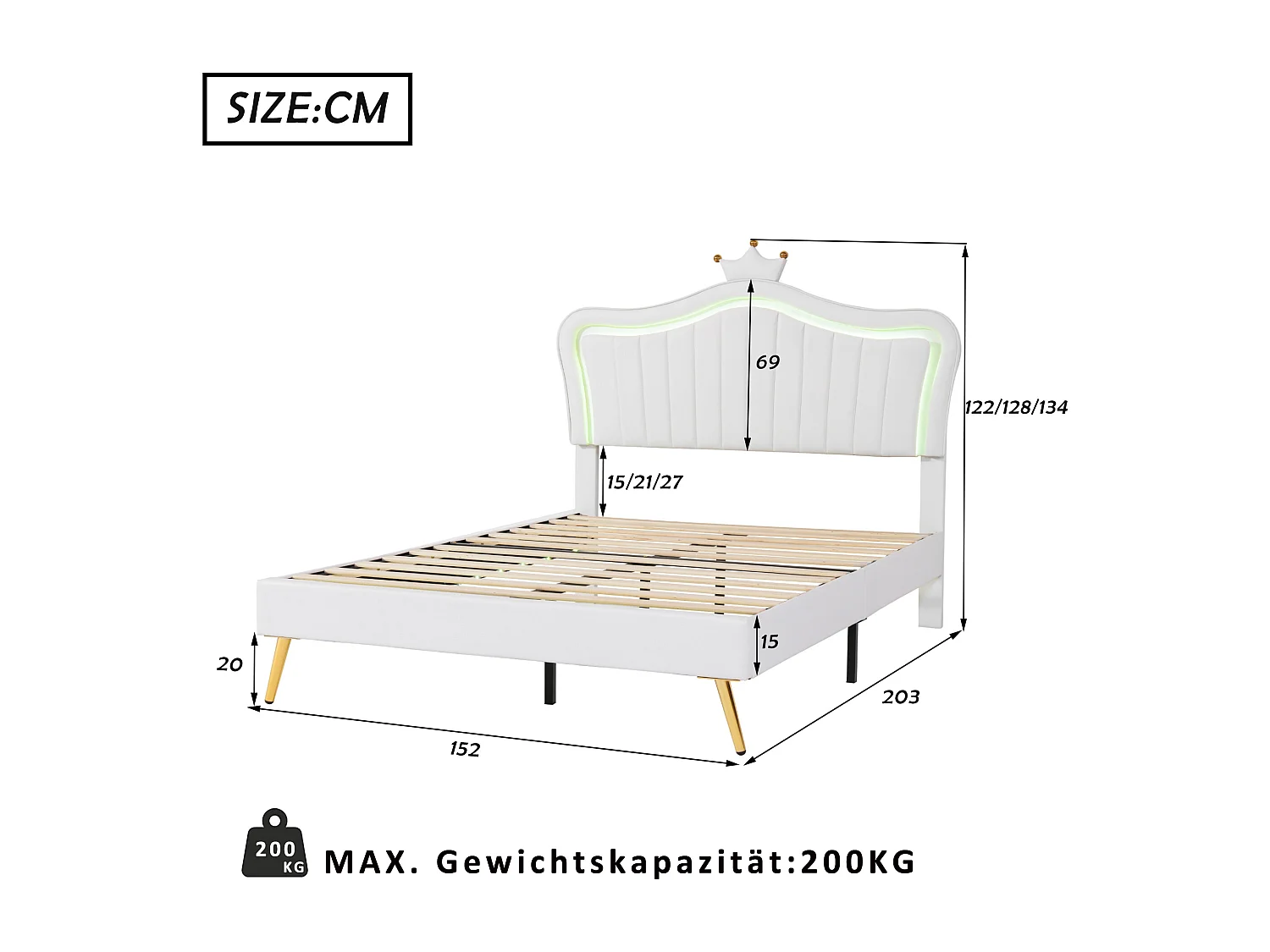 Kinderbett 140 x 200 cm – Kopfteil mit LED-Beleuchtung – weißes Leder – Matratze nicht im Lieferumfang enthalten
