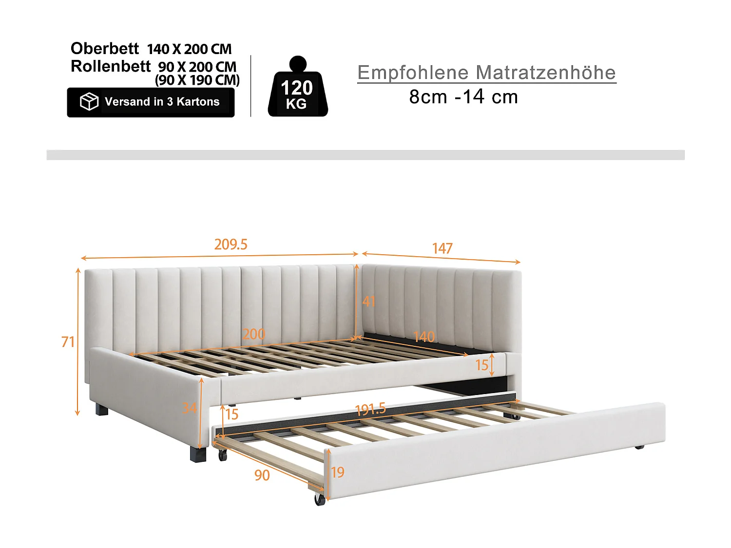 Łóżko dla dorosłych 140x200 cm - z podstawą z listew - beżowy - bez materaca