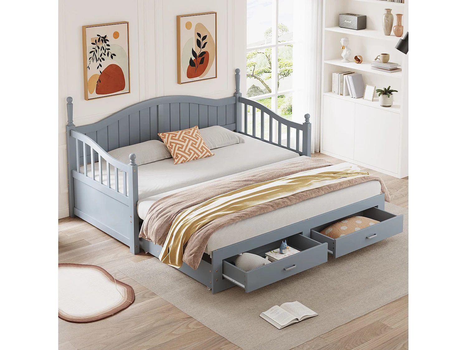 Truhenbett 90/180 x 190 cm – mit 2 Schubladen und Lattenrost – Kiefer – Grau