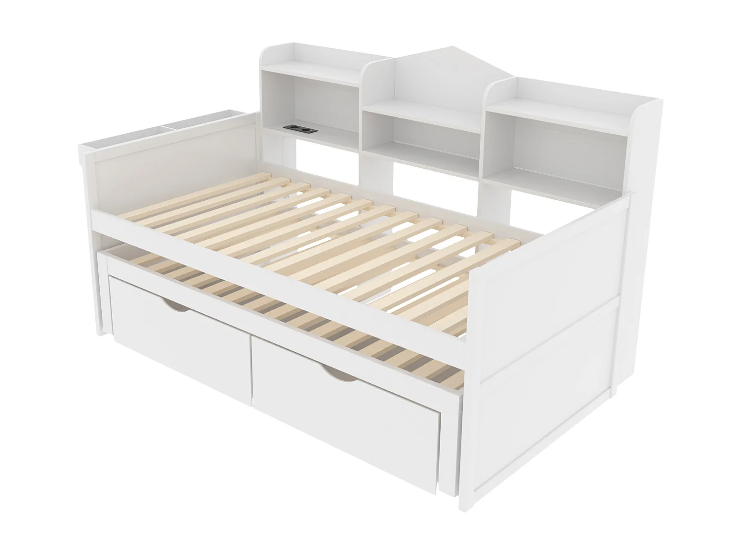 Opklapbed 90x200 cm - met 2 lades, open opbergruimte, USB - hout - wit