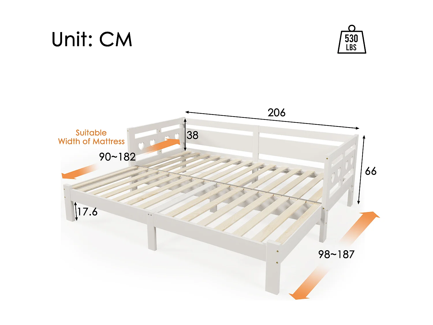 Ausziehbett 90 x 200 cm – mit Armlehnen – weißes Holz – Matratze nicht im Lieferumfang enthalten