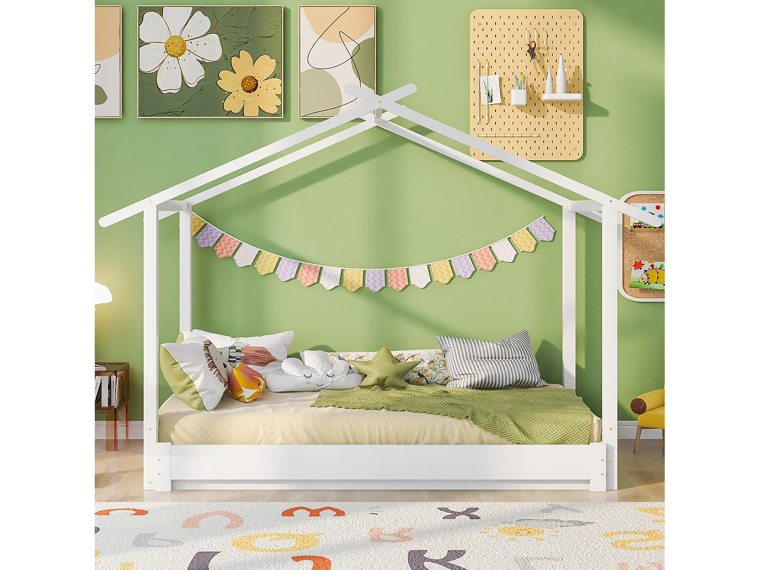 Lit cabane 90 x 190 cm - avec sommier à lattes - en pin - blanc - sans matelas