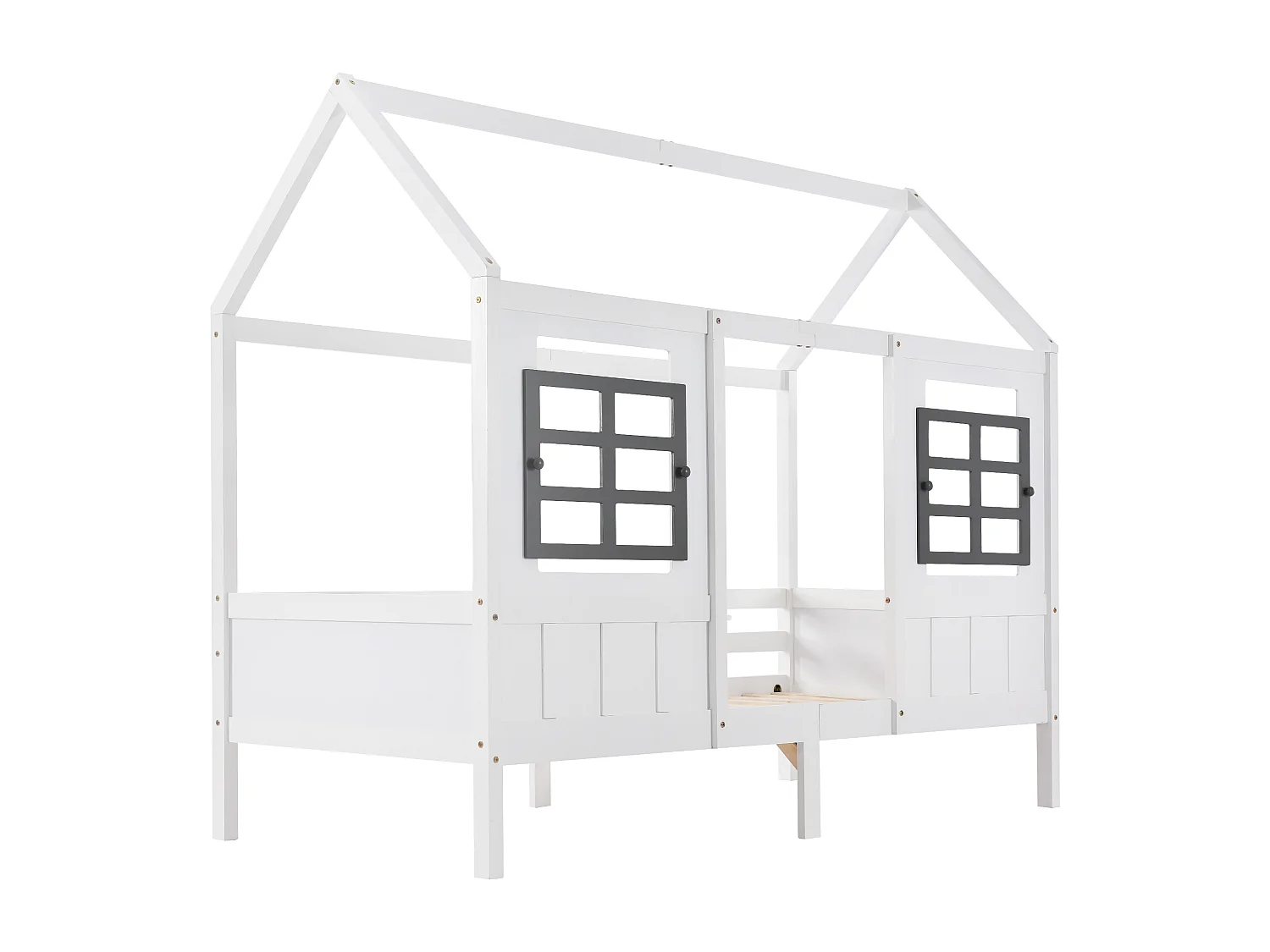 Lit cabane 200x90cm - avec deux fenêtres - bois blanc - matelas non inclus