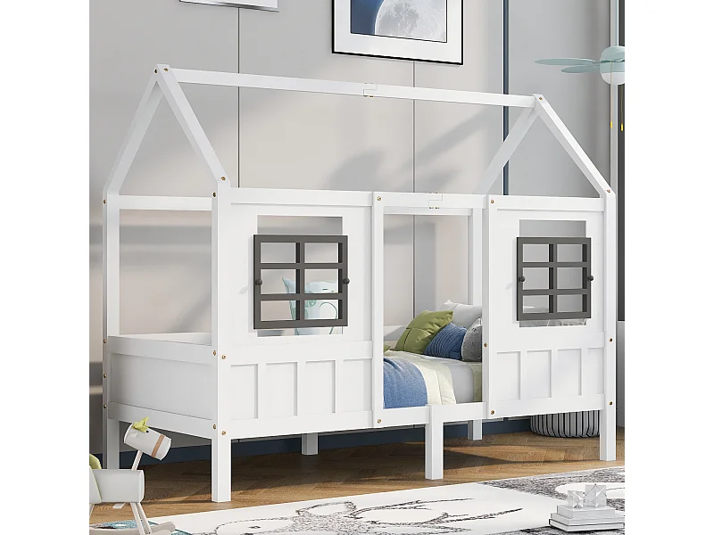 Lit cabane 200x90cm - avec deux fenêtres - bois blanc - matelas non inclus