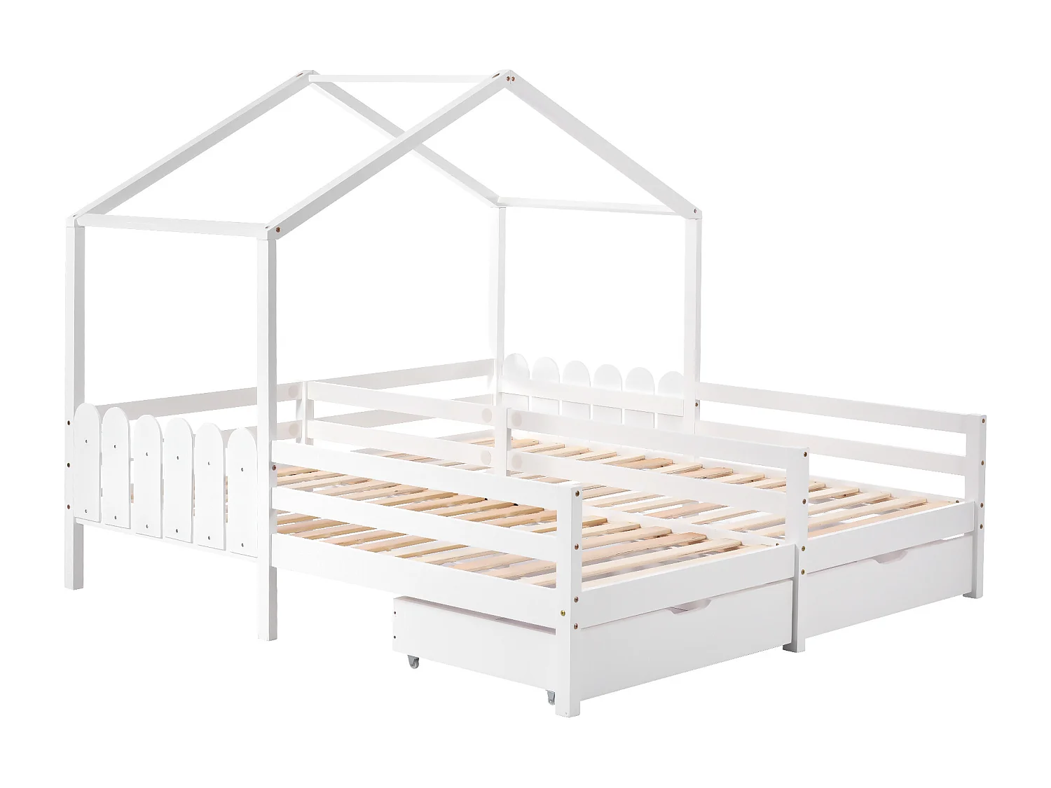 Lit cabane 200 x 90 cm - avec 2 tiroirs et barrières de sécurité - bois blanc - matelas non inclus