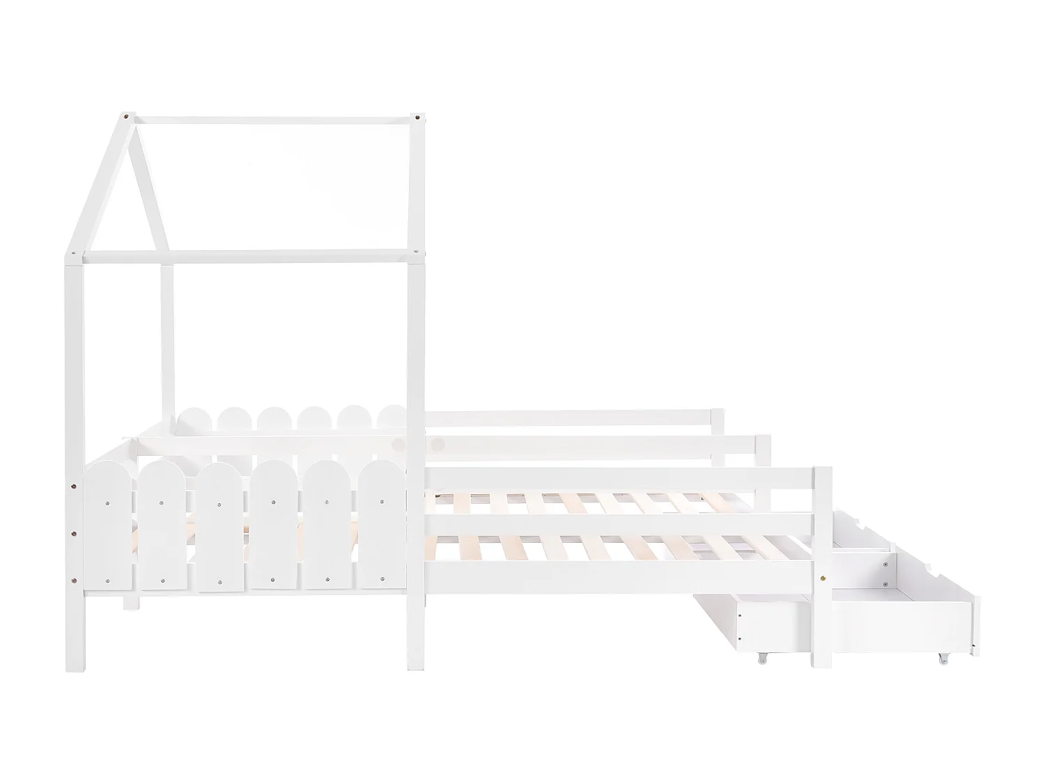 Lit cabane 200 x 90 cm - avec 2 tiroirs et barrières de sécurité - bois blanc - matelas non inclus