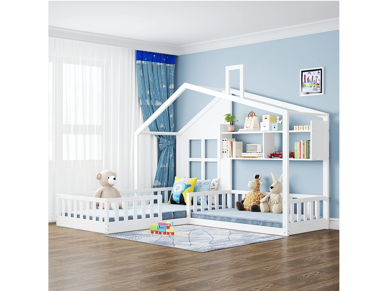 Cama de criança 90x200 cm - com prateleiras, estrado de ripas - branca