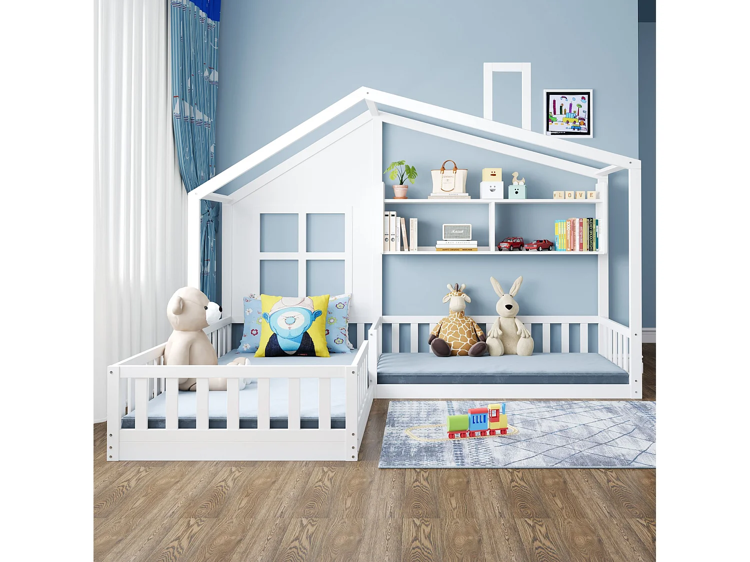 Cama de criança 90x200 cm - com prateleiras, estrado de ripas - branca