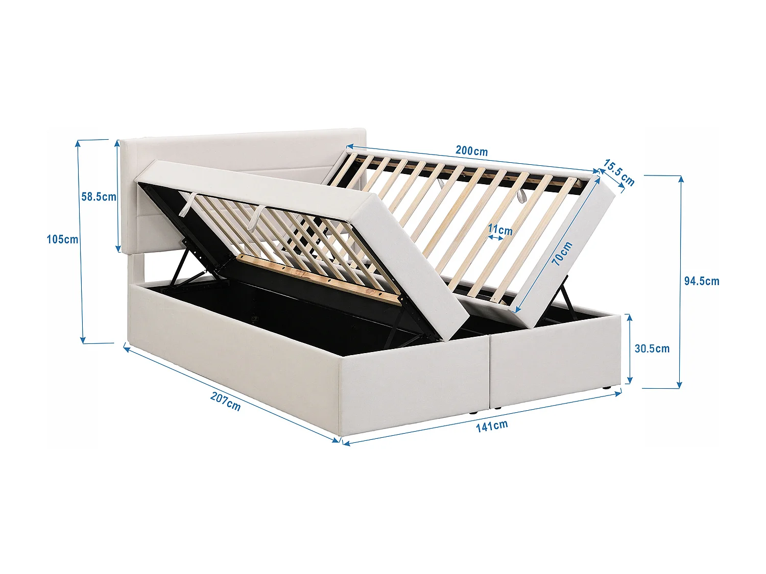 Łóżko z pojemnikiem 140x200 cm - ze sprężynami gazowymi - beżowa pościel - materac nie jest wliczony w cenę