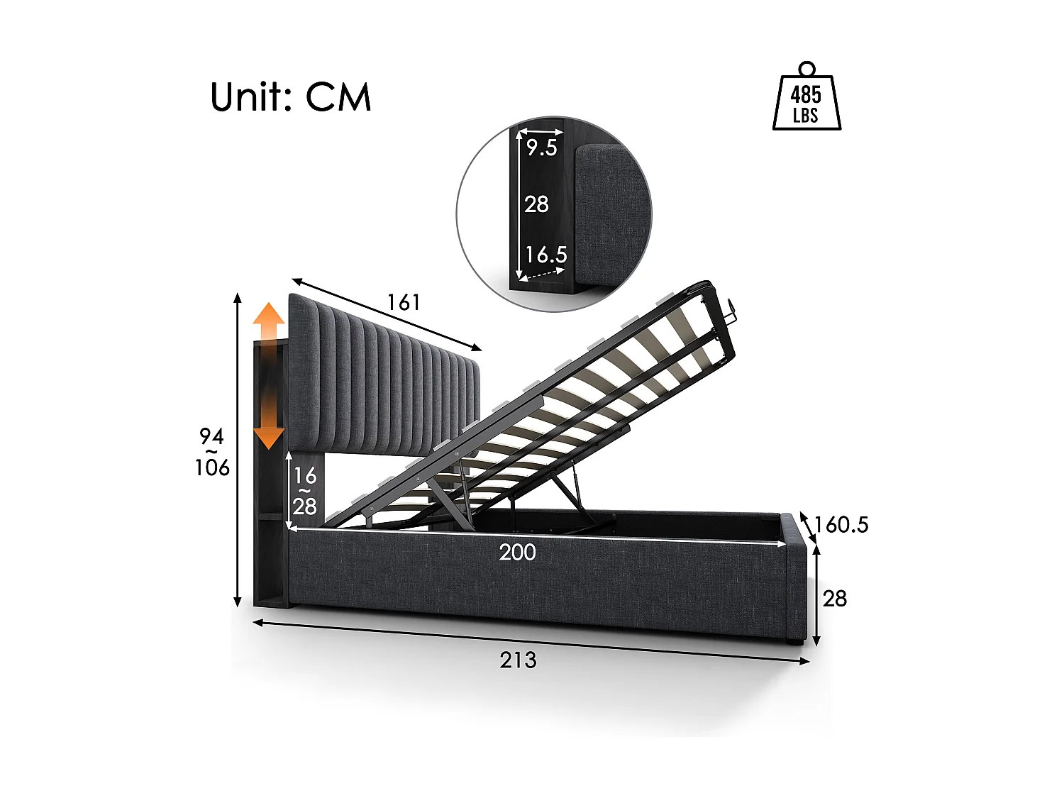 Cama para adulto de 160 x 200 cm - con cabecero con espacio de almacenaje, USB/Tipo C, iluminación LED, somier - lino - gris - colchón no incluido
