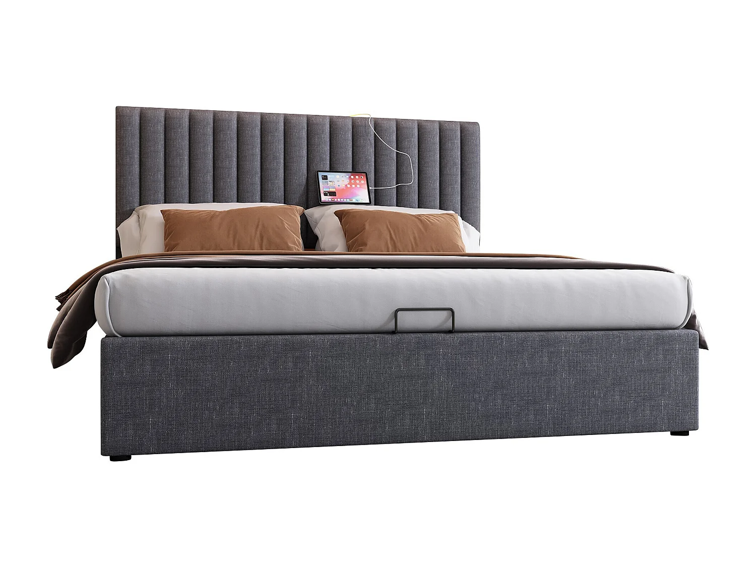 Cama para adulto de 160 x 200 cm - con cabecero con espacio de almacenaje, USB/Tipo C, iluminación LED, somier - lino - gris - colchón no incluido