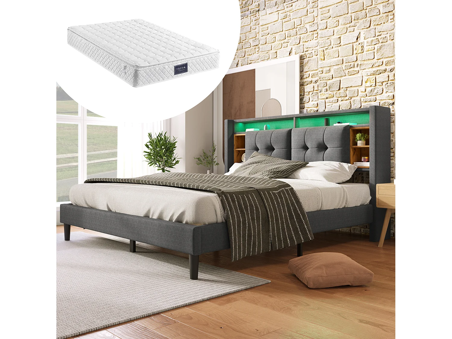 Lit adulte 160 x 200 cm - Tête de lit avec rangement et port USB - gris lin - matelas inclus