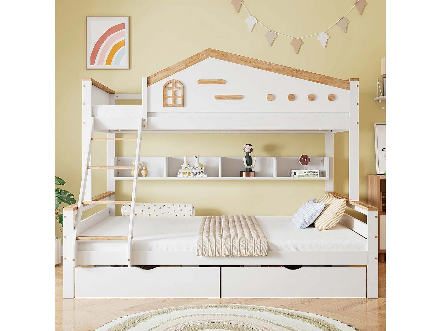 Beliche 90 x 200 cm e 140 x 200 cm - com 2 gavetas, prateleiras, estrado de ripas - acabamento branco e natural