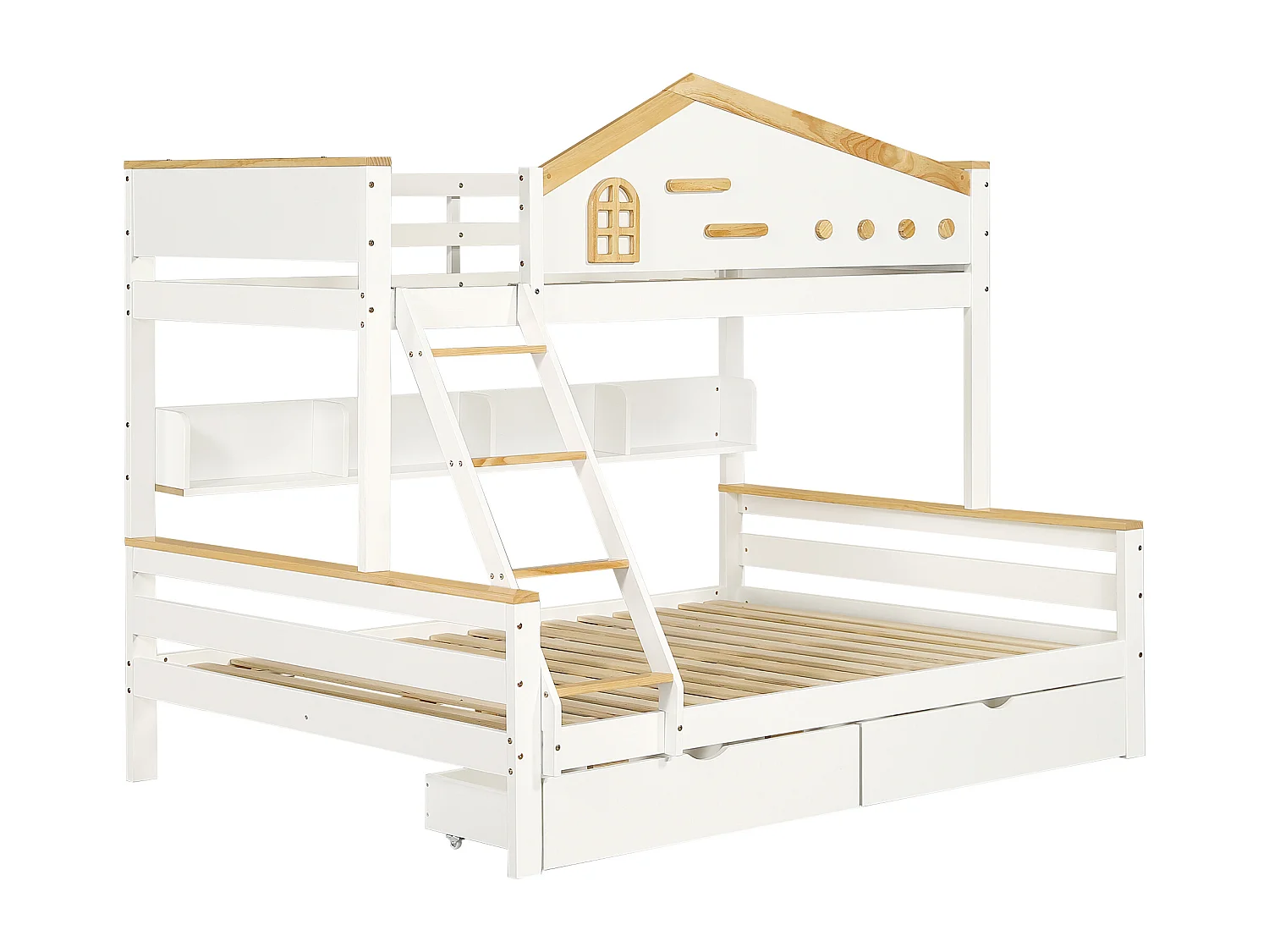 Beliche 90 x 200 cm e 140 x 200 cm - com 2 gavetas, prateleiras, estrado de ripas - acabamento branco e natural