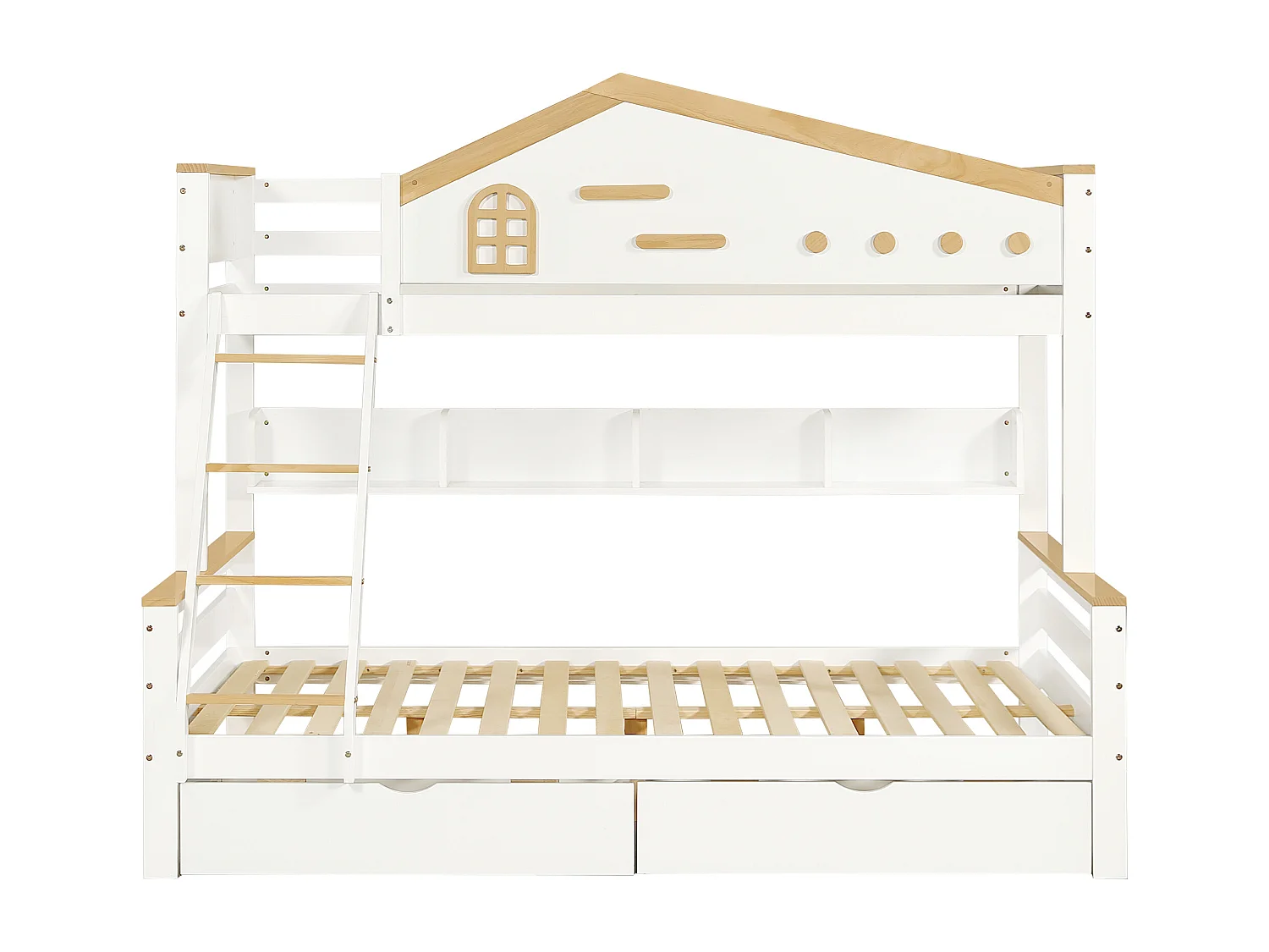 Beliche 90 x 200 cm e 140 x 200 cm - com 2 gavetas, prateleiras, estrado de ripas - acabamento branco e natural