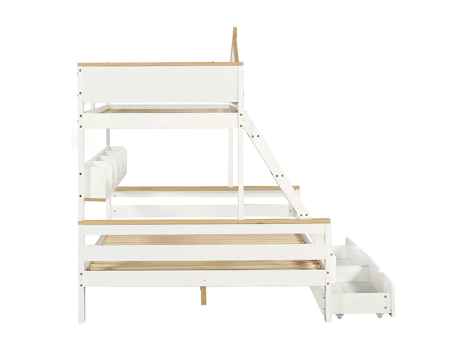 Beliche 90 x 200 cm e 140 x 200 cm - com 2 gavetas, prateleiras, estrado de ripas - acabamento branco e natural