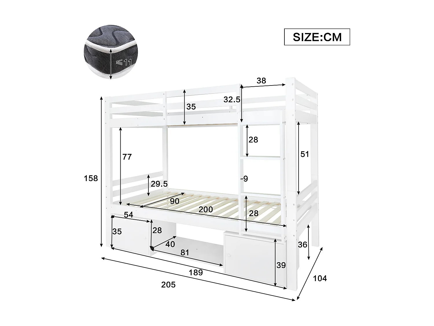 Stapelbed 90x200 cm - met schoenenrekken en planken - wit