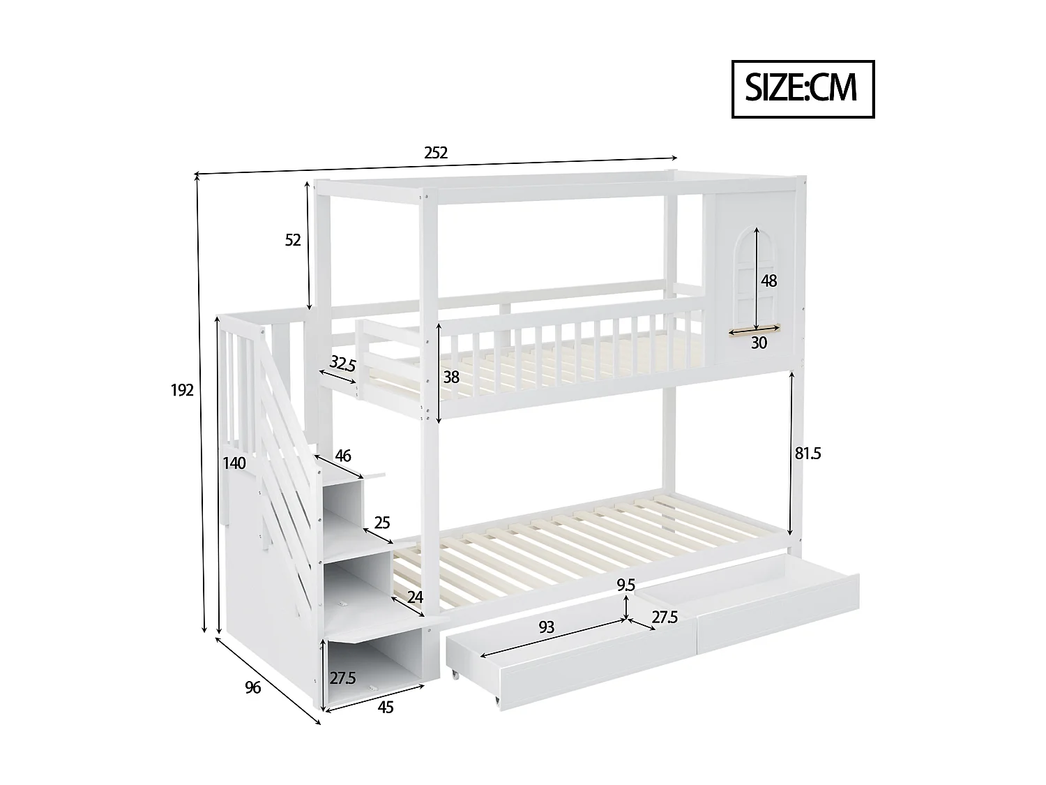 Stapelbed 90 x 200 cm - met lades, lattenbodem - hout - wit