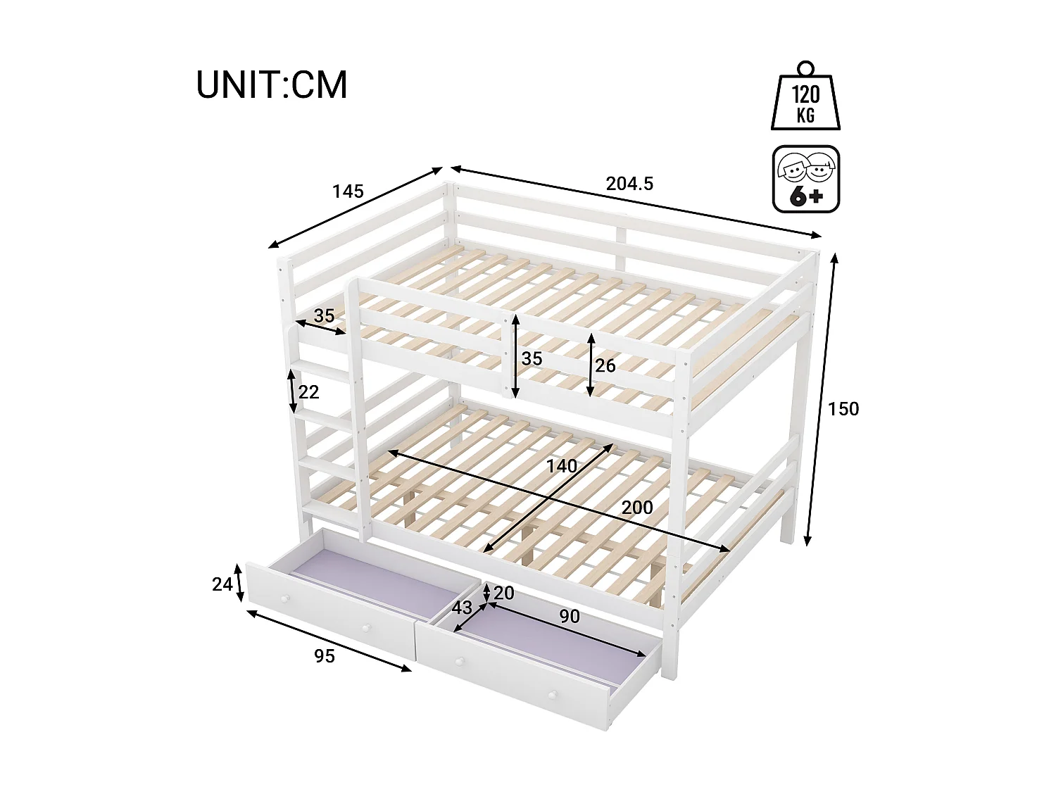 Beliche 140x200 cm - com gavetas - madeira branca - colchão incluído