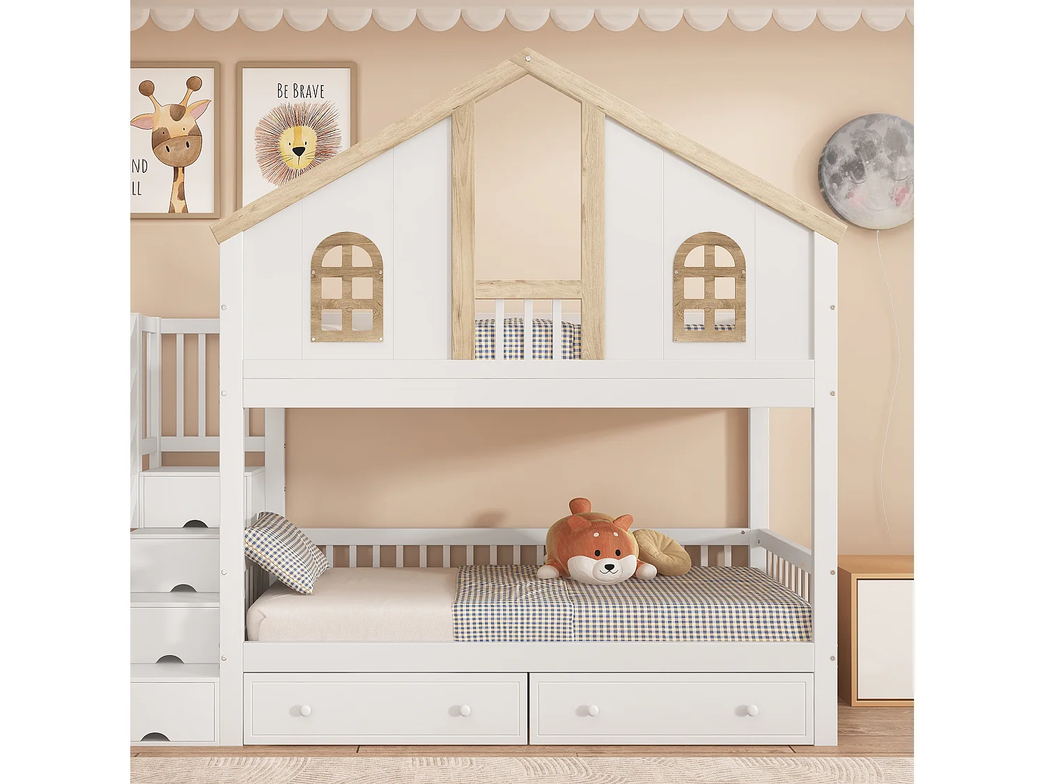 Stapelbed 90x200 cm - met 2 lades, planken, lattenbodem - wit en natuurlijke afwerking