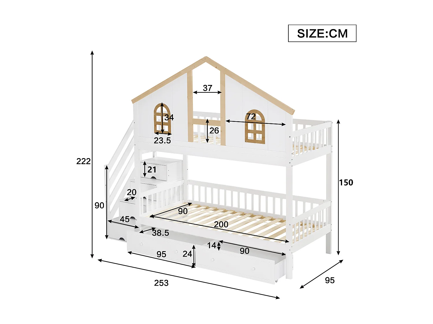 Stapelbed 90x200 cm - met 2 lades, planken, lattenbodem - wit en natuurlijke afwerking