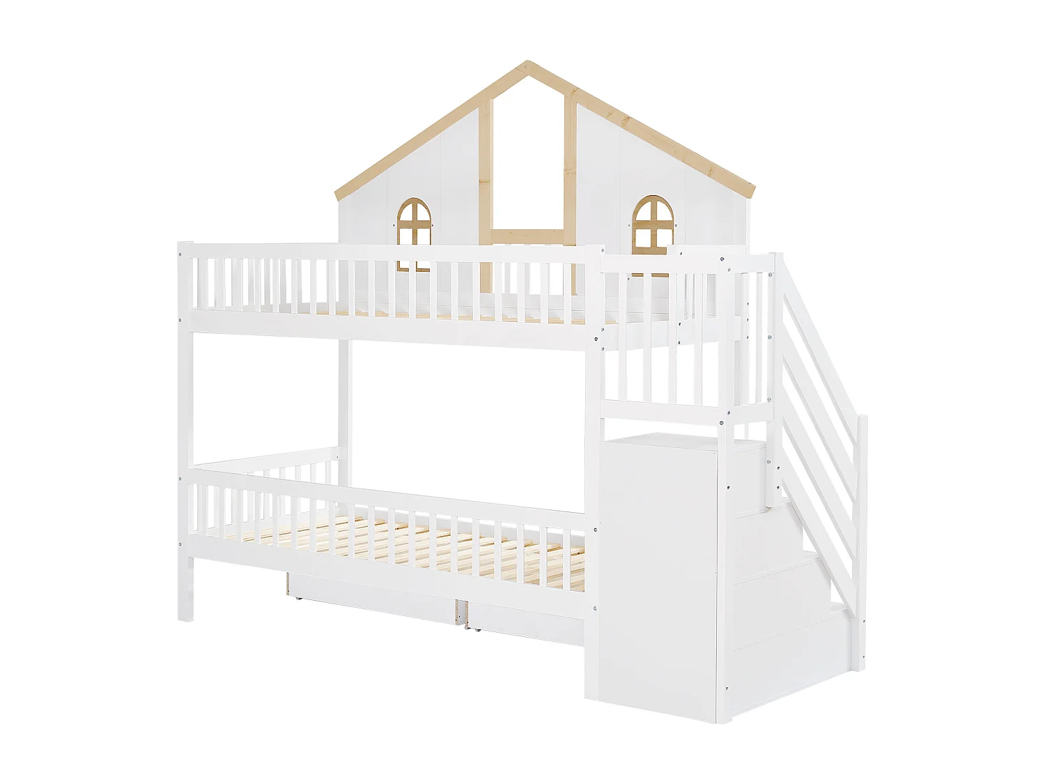 Stapelbed 90x200 cm - met 2 lades, planken, lattenbodem - wit en natuurlijke afwerking