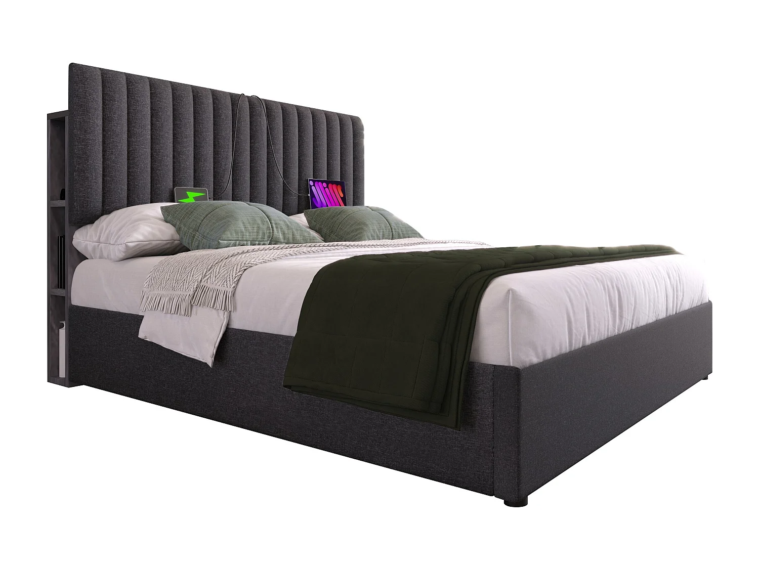 Letto contenitore 160x200 cm - con testiera con contenitore, illuminazione a LED, porta USB, porta Type-C, rete a doghe - lino - grigio - materasso incluso