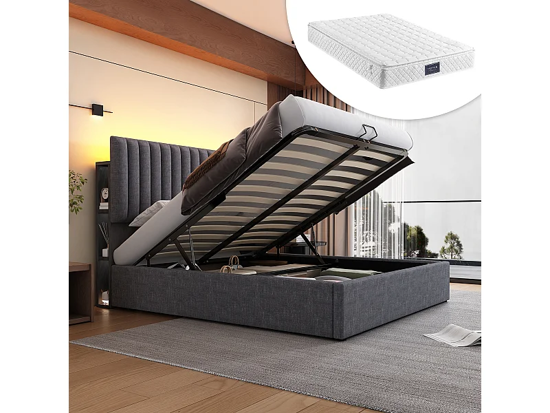 Letto contenitore 160x200 cm - con testiera con contenitore, illuminazione a LED, porta USB, porta Type-C, rete a doghe - lino - grigio - materasso incluso