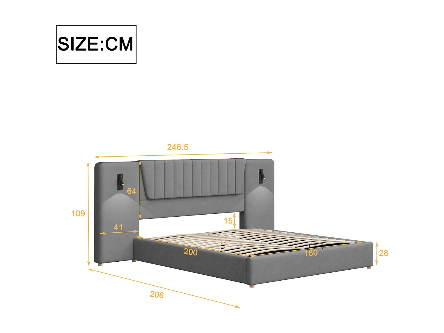 Bed met opbergruimte 180 x 200 cm - met hoofdbord, USB-aansluiting, lattenbodem - fluweel - grijs - matras niet inbegrepen
