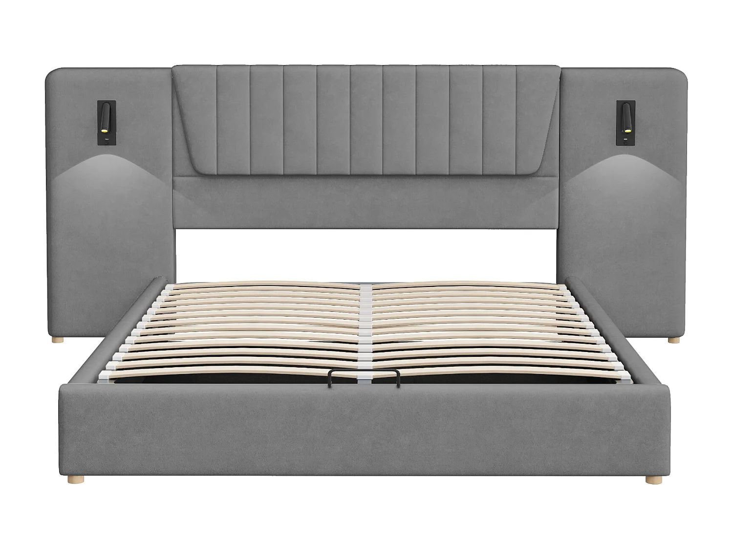 Bed met opbergruimte 180 x 200 cm - met hoofdbord, USB-aansluiting, lattenbodem - fluweel - grijs - matras niet inbegrepen