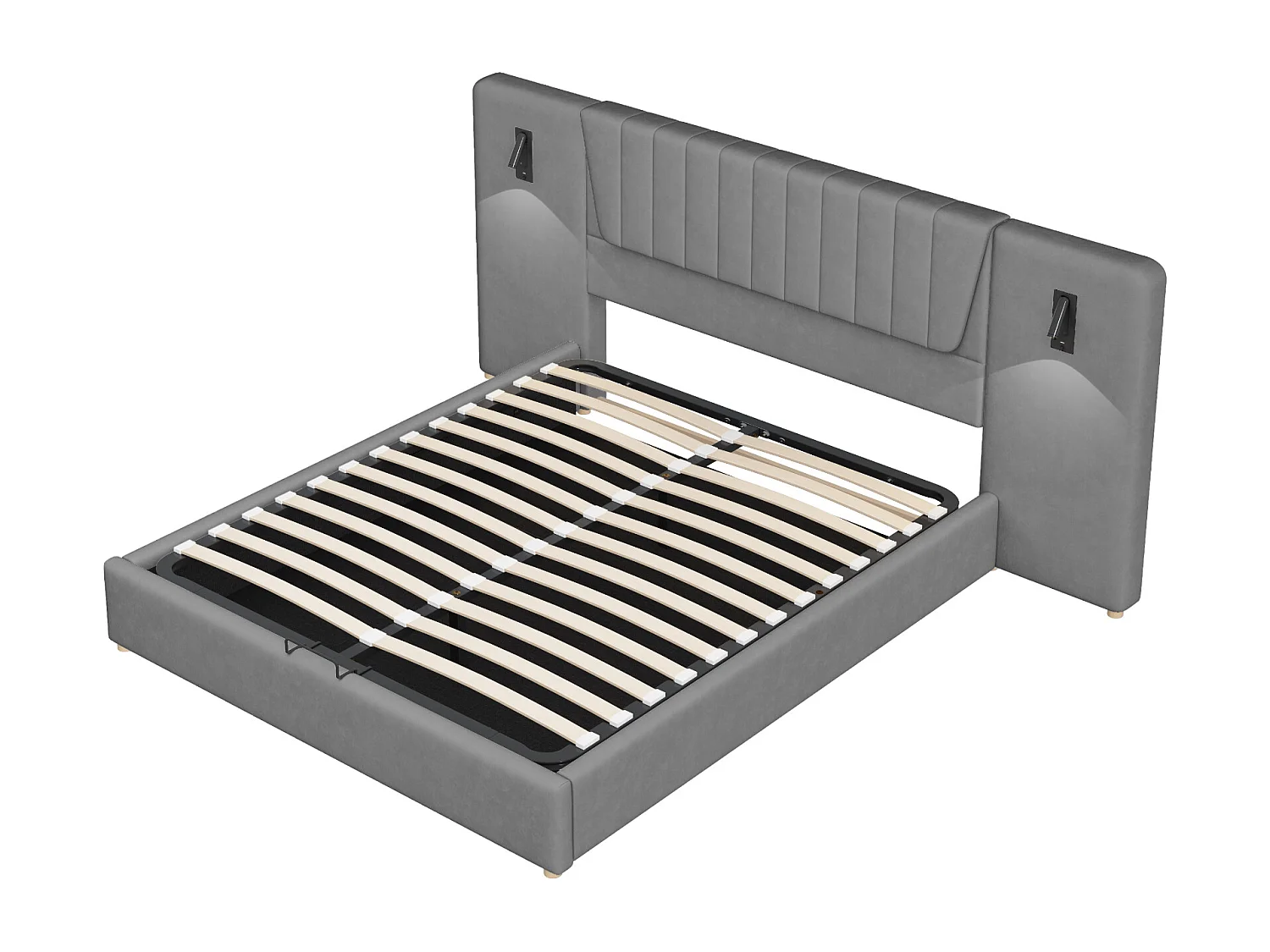 Bed met opbergruimte 180 x 200 cm - met hoofdbord, USB-aansluiting, lattenbodem - fluweel - grijs - matras niet inbegrepen