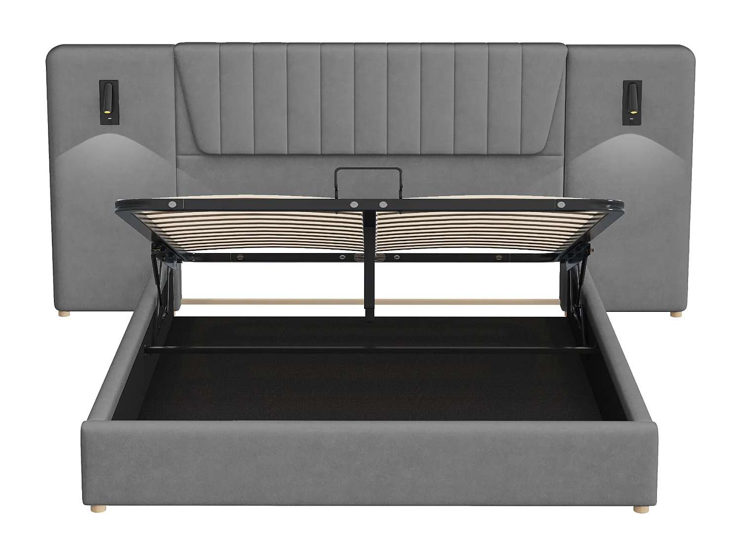 Bed met opbergruimte 180 x 200 cm - met hoofdbord, USB-aansluiting, lattenbodem - fluweel - grijs - matras niet inbegrepen