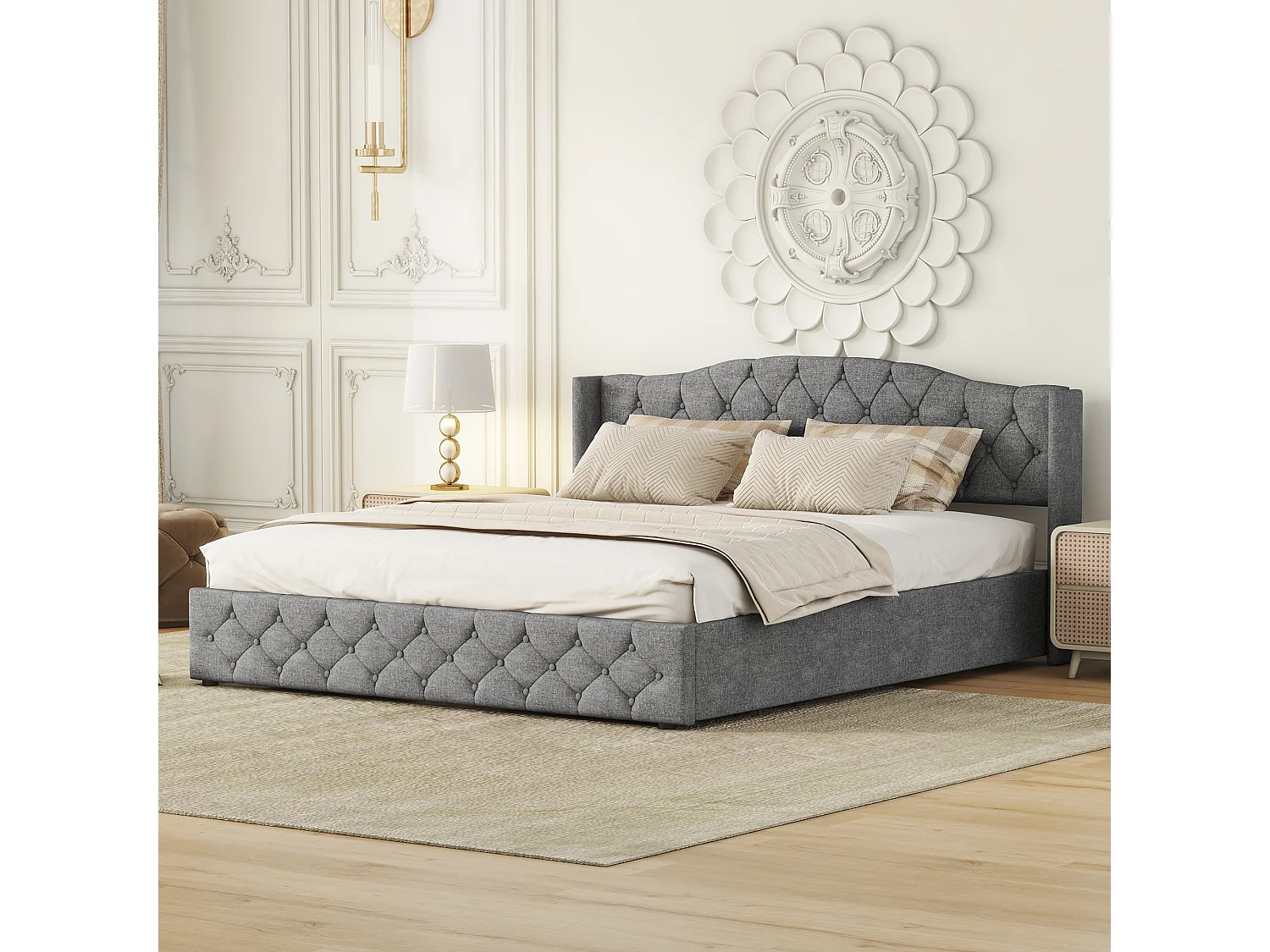 Opbergbed 180x200 cm - met hoofdbord - grijs linnen - matras niet inbegrepen