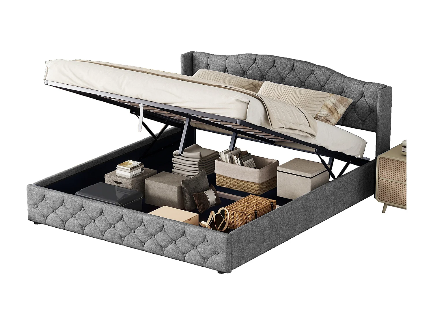 Opbergbed 180x200 cm - met hoofdbord - grijs linnen - matras niet inbegrepen