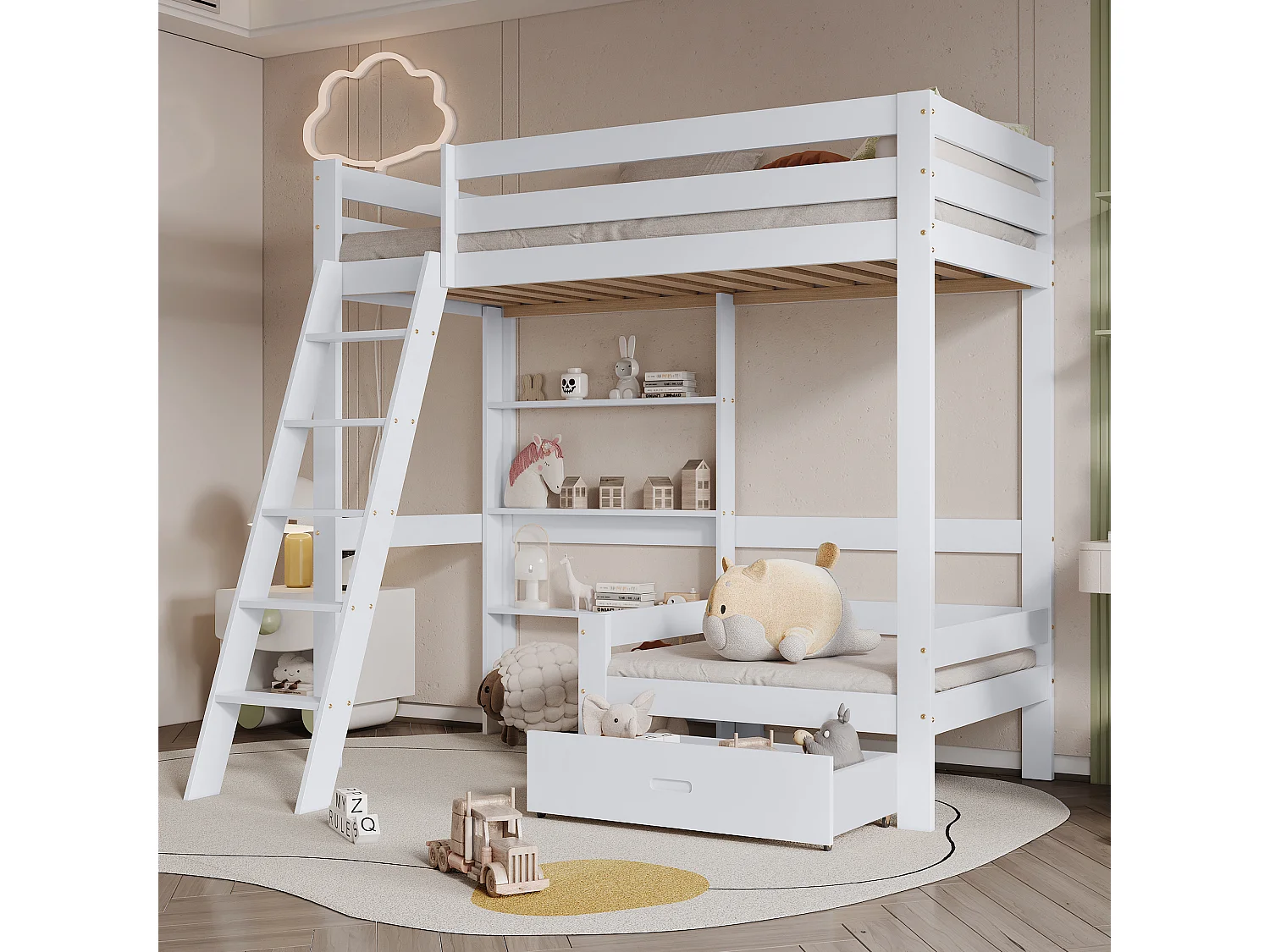 Lit enfant 90 x 200 cm - avec étagère et canapé - bois blanc - matelas non inclus
