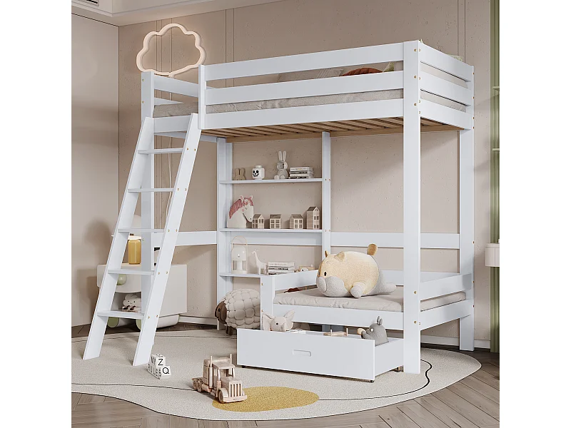 Lit enfant 90 x 200 cm - avec étagère et canapé - bois blanc - matelas non inclus