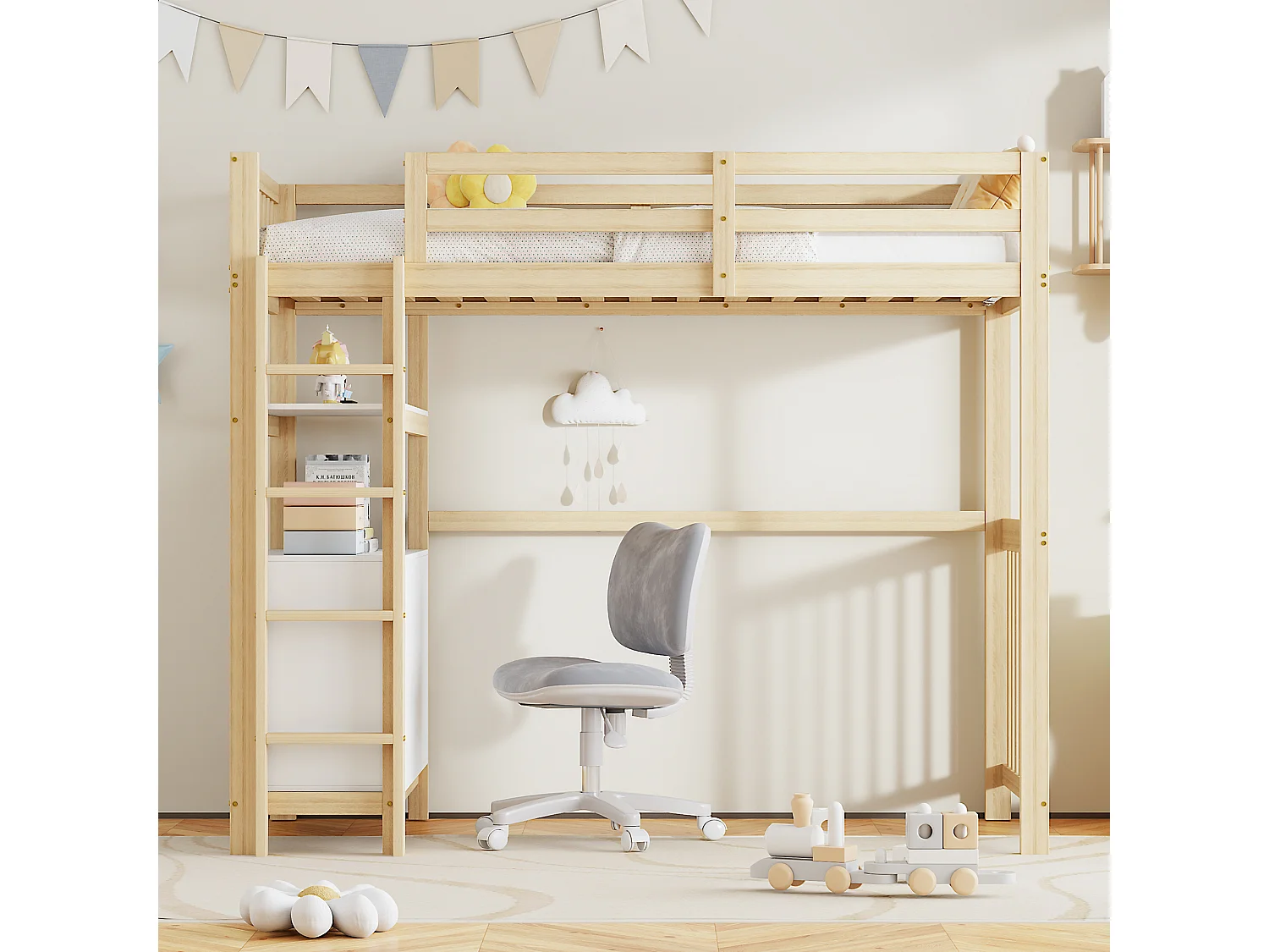 Kuilbed 90x200 cm - met 6 lades en planken - in grenen - naturel