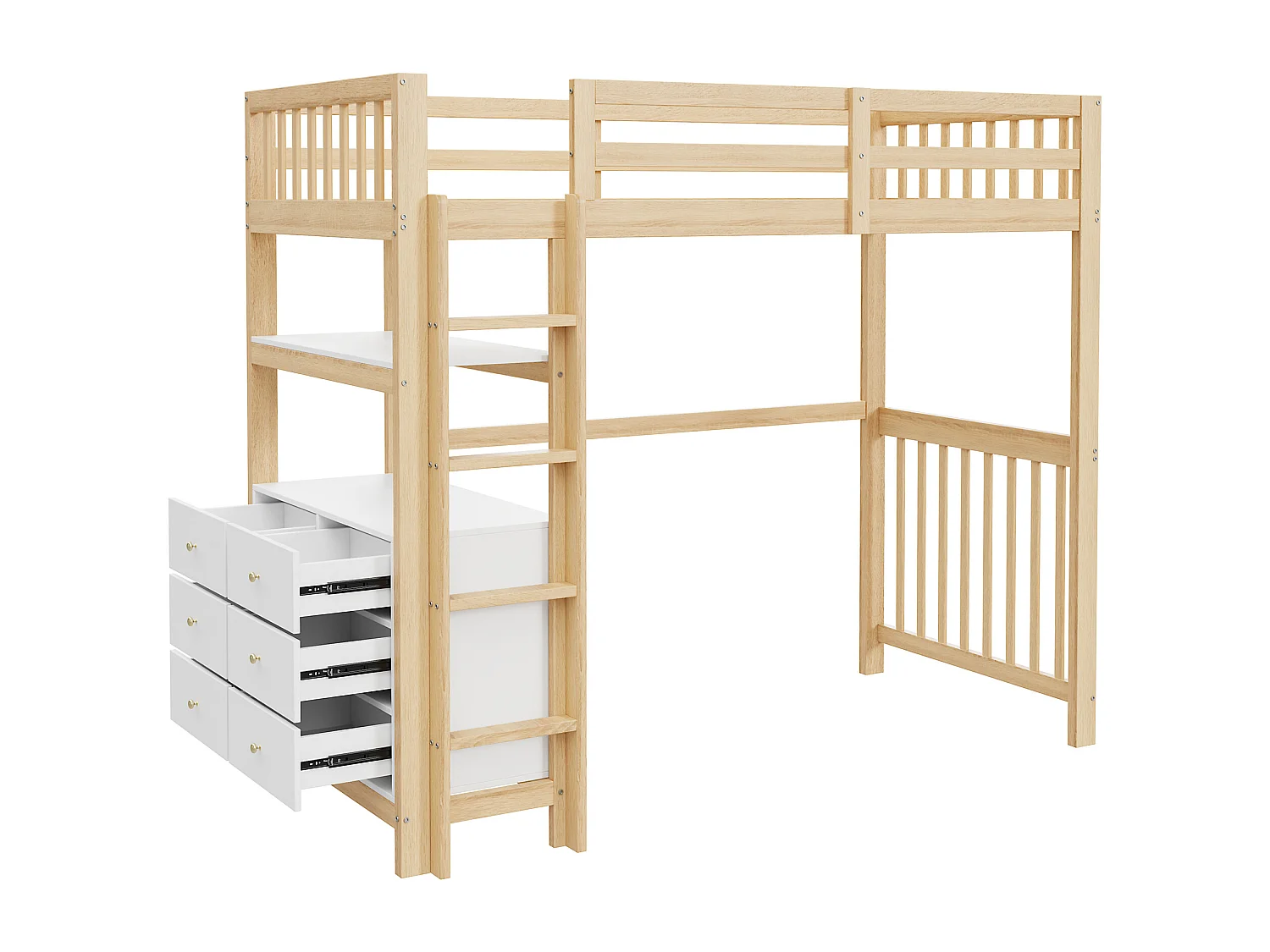 Kuilbed 90x200 cm - met 6 lades en planken - in grenen - naturel