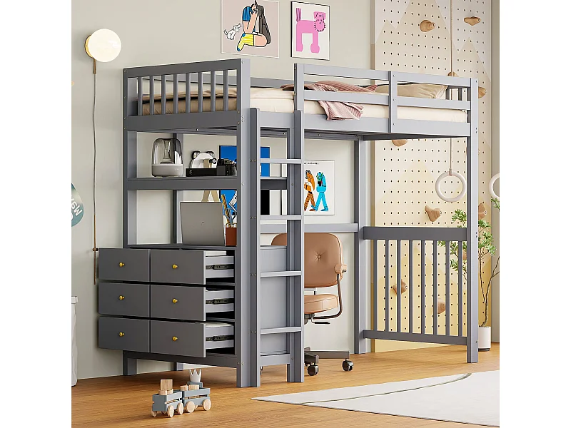 Bootbed 90 x 200 cm - met lades, planken, lattenbodem - grenen - grijs