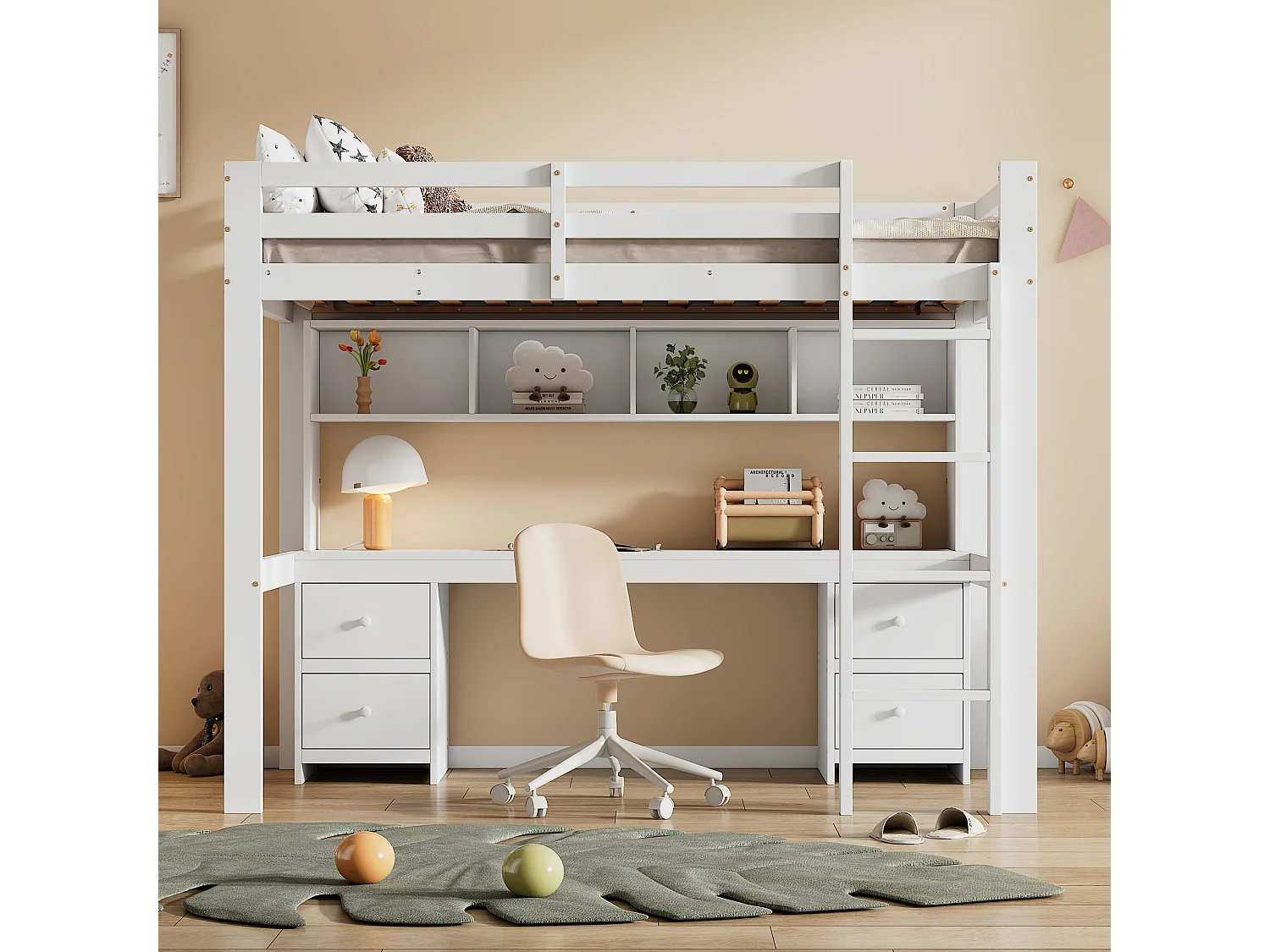 Lit mezzanine 90x200 cm - avec 4 tiroirs, 4 étagères - blanc