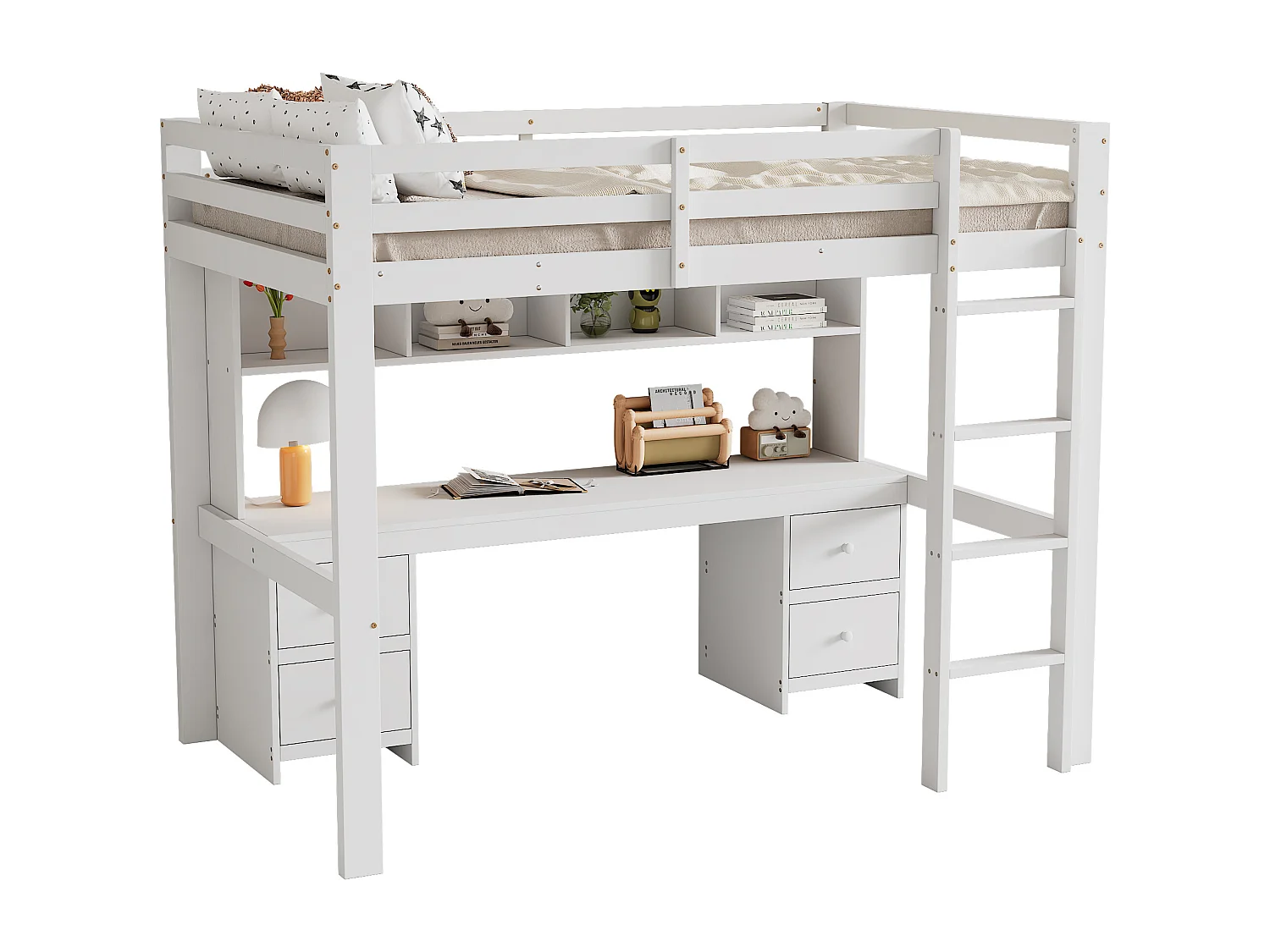 Lit mezzanine 90x200 cm - avec 4 tiroirs, 4 étagères - blanc