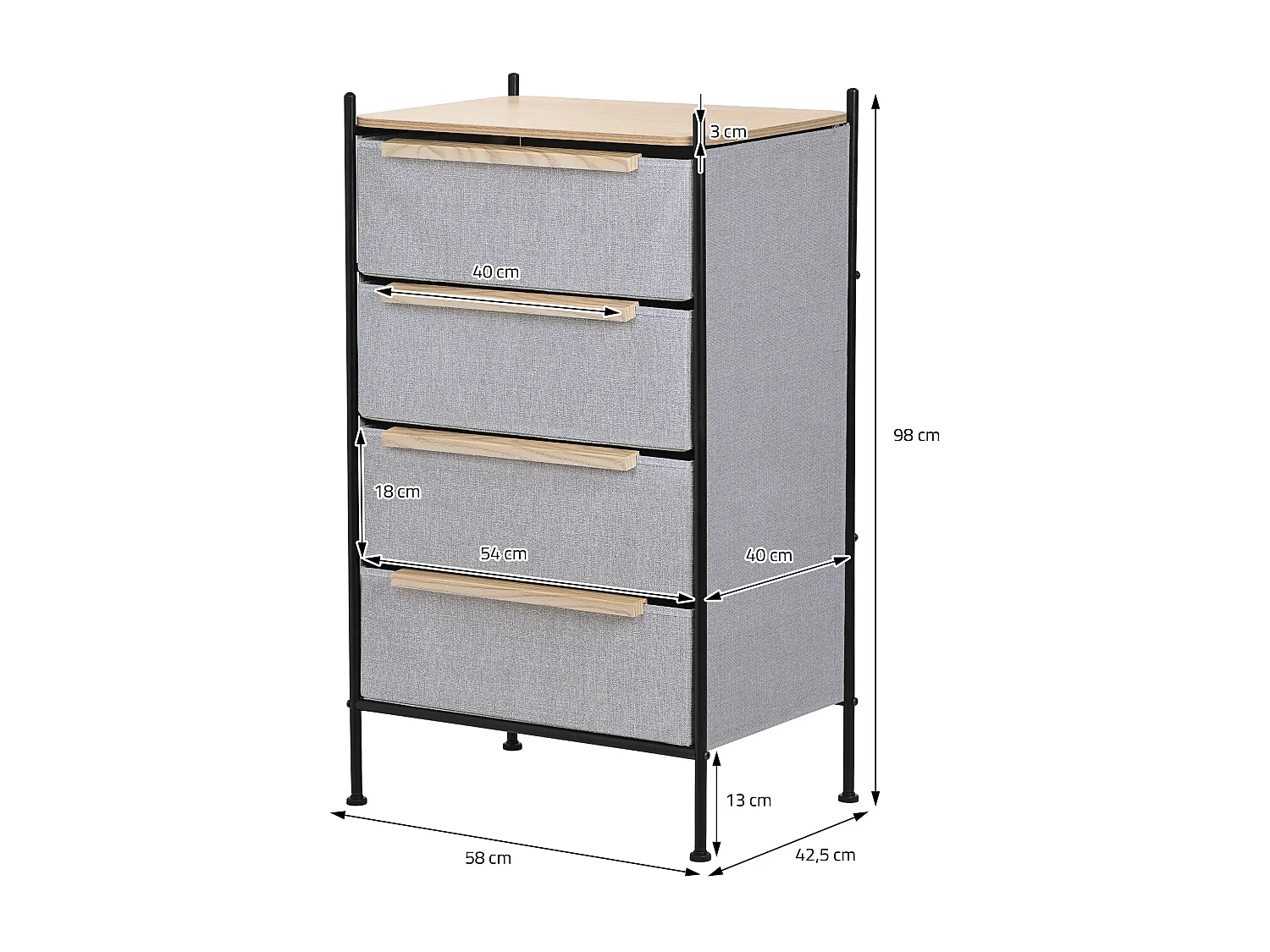 ML-Design Cómoda con 4 cajones de tela 58 x 78 x 42,5cm gris cajonera con tablero MDF y estructura de acero unidad de almacenamiento gabinete de salón