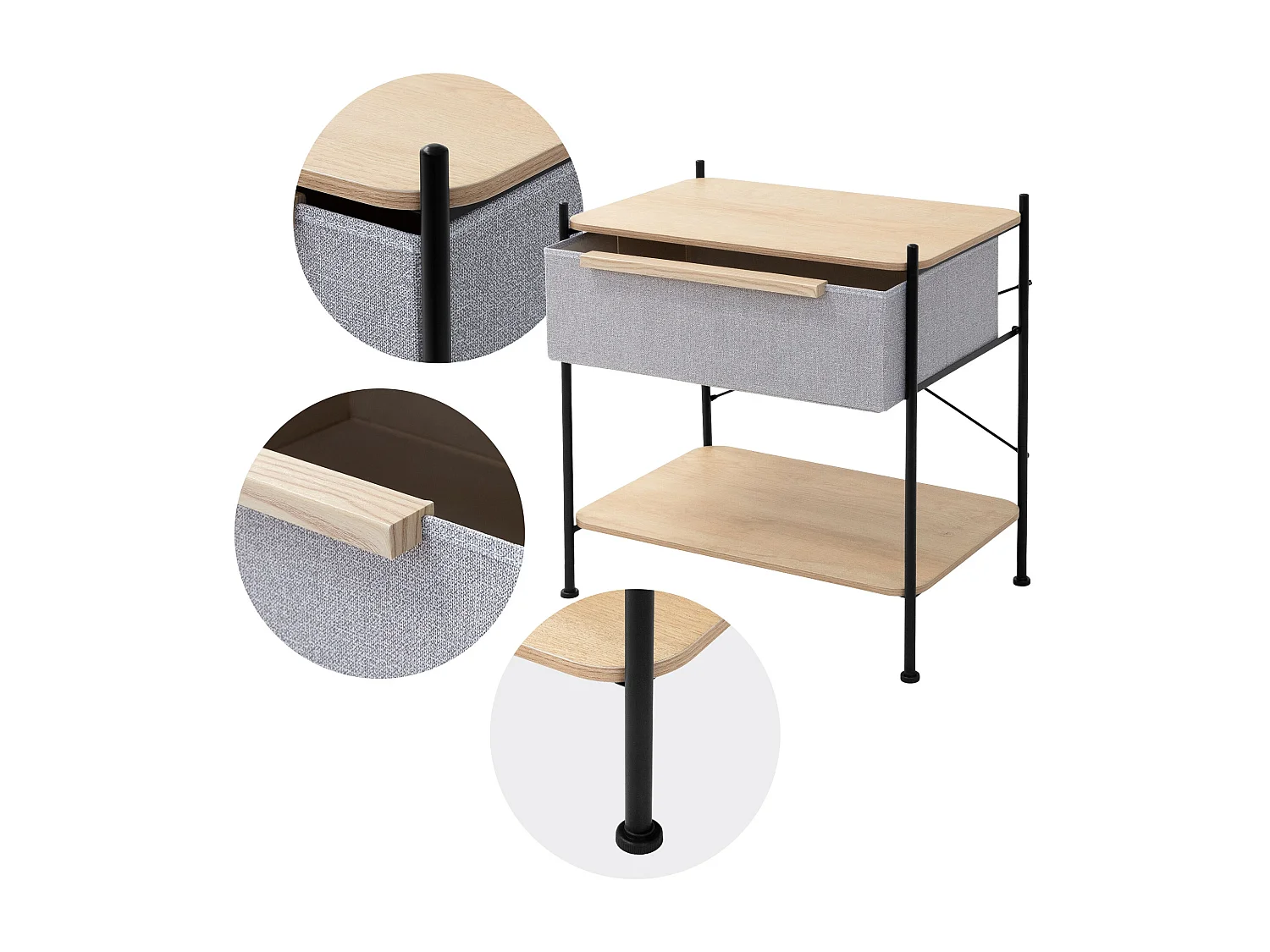 ML-Design Cassettiera con cassetto in tessuto grigio 62x67,5x42,5 cm in mdf e acciaio, comodino, tavolino laterale per camera da letto o soggiorno