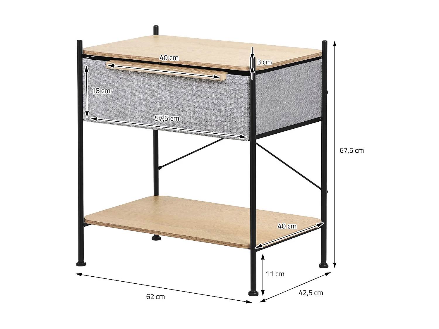 ML-Design Cassettiera con cassetto in tessuto grigio 62x67,5x42,5 cm in mdf e acciaio, comodino, tavolino laterale per camera da letto o soggiorno