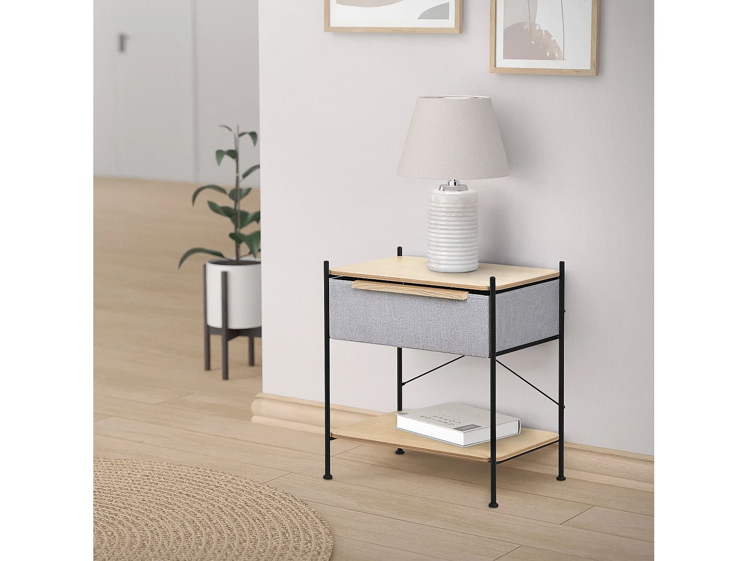 ML-Design Cassettiera con cassetto in tessuto grigio 62x67,5x42,5 cm in mdf e acciaio, comodino, tavolino laterale per camera da letto o soggiorno