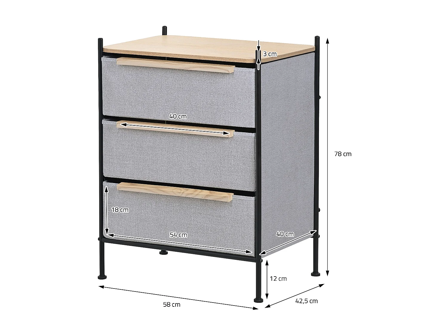 ML-Design Cómoda con 3 cajones de tela 58 x 78 x 42,5cm gris cajonera con tablero MDF y estructura de acero unidad de almacenamiento gabinete de salón